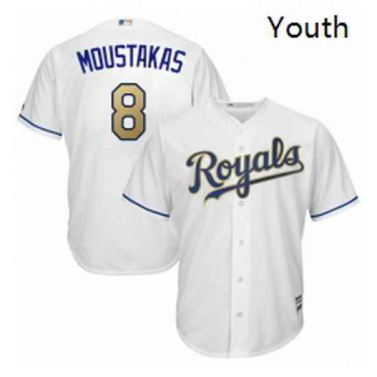 Youth Majestic Kansas City Royals 8 Mike Moustakas Authentic White Home Cool Base MLB Jersey